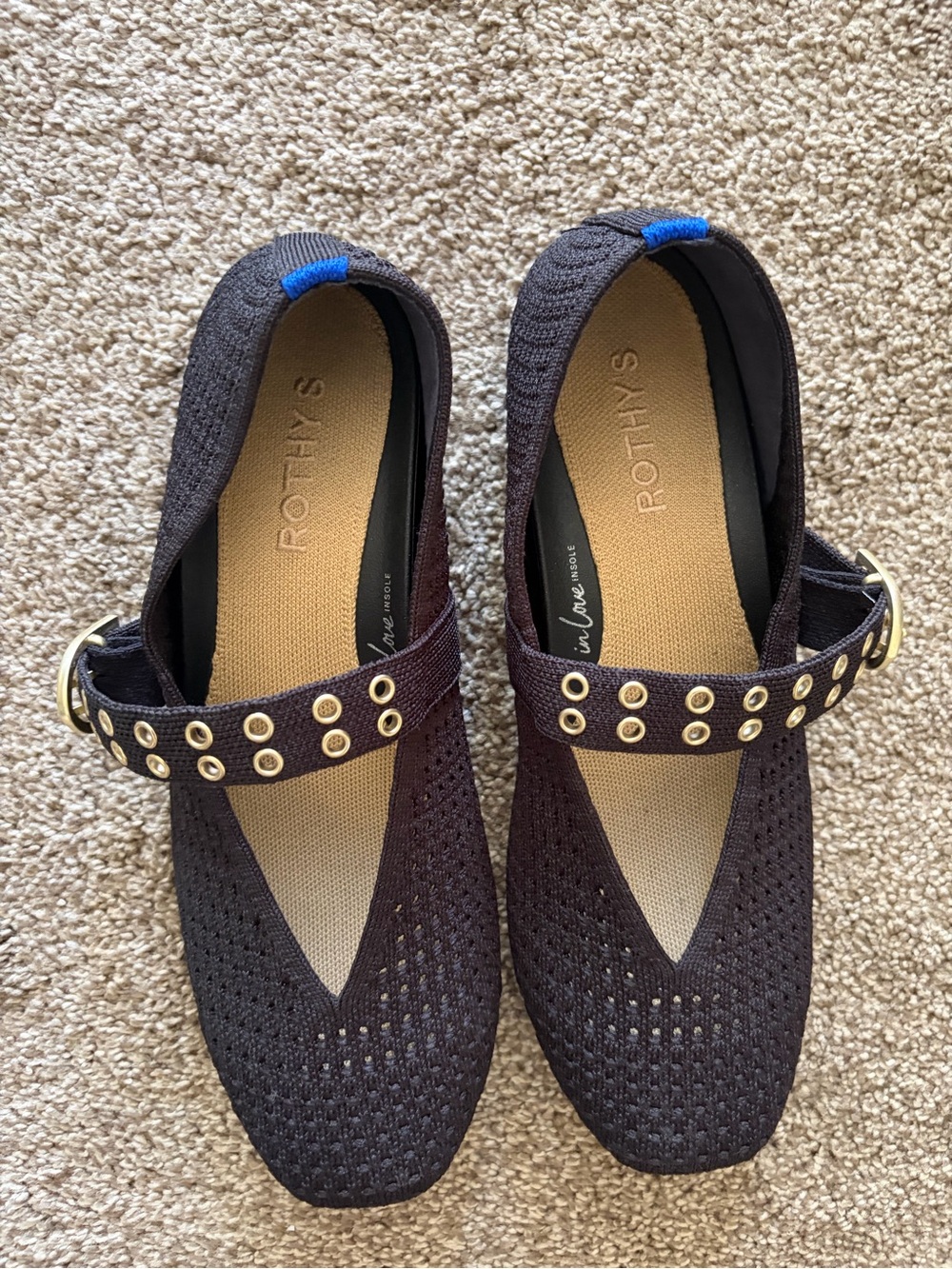 Rothy's Black Mary Jane Flats with Gold Eyelet Strap